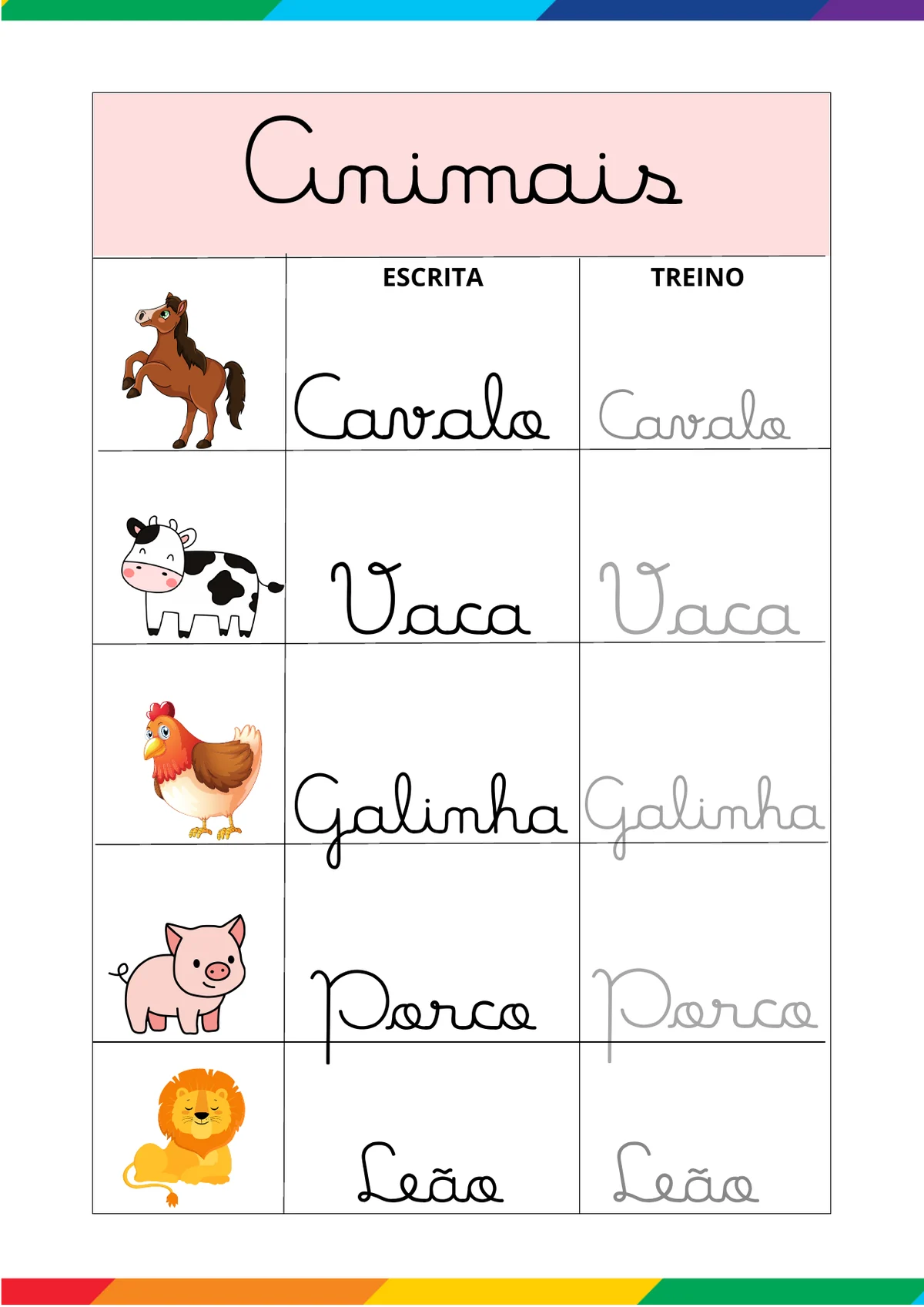 Atividade real de caligrafia com nomes de animais