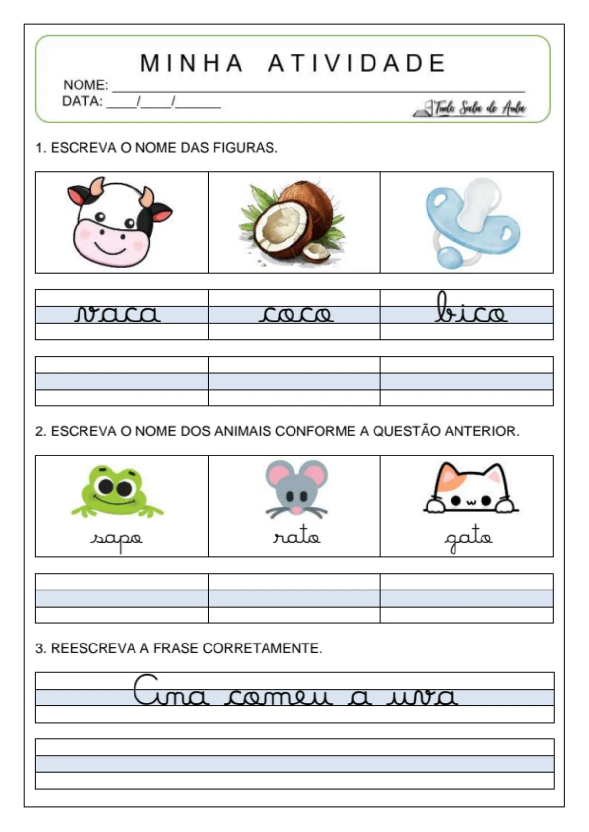 Atividade real de letra cursiva com palavras, imagens e frases