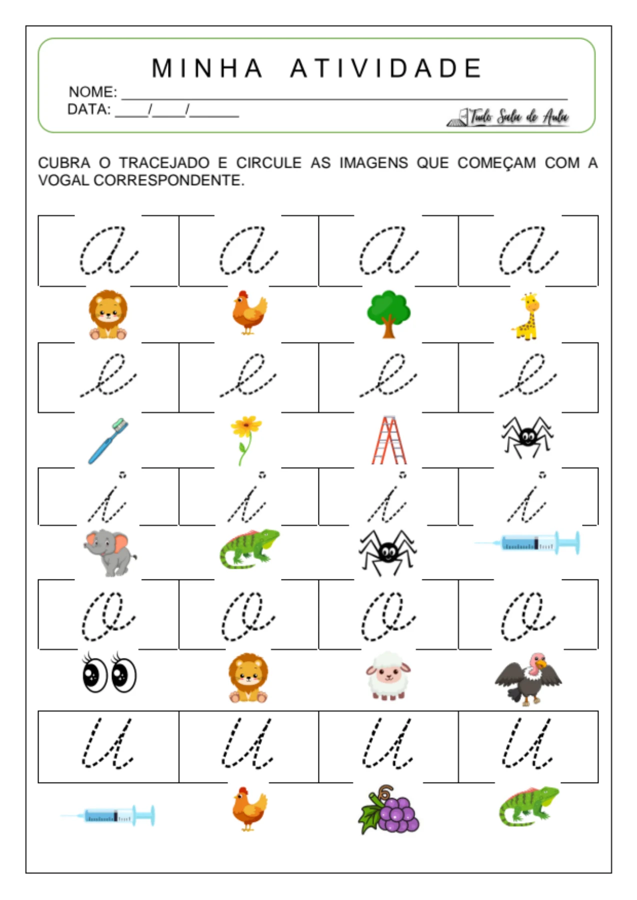 Atividade real de vogais em letra cursiva