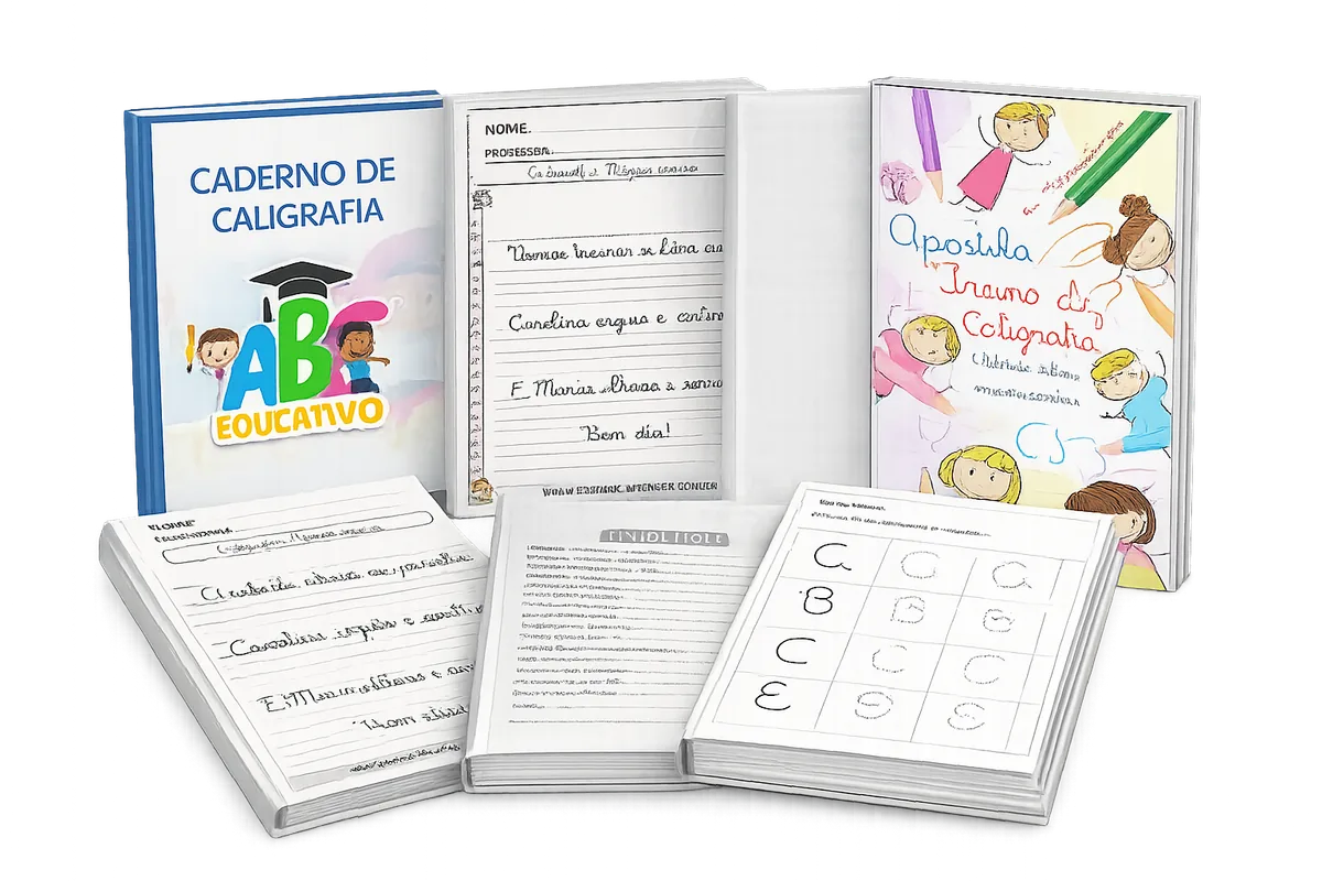 Cadernos de caligrafia e páginas internas do kit de letra cursiva